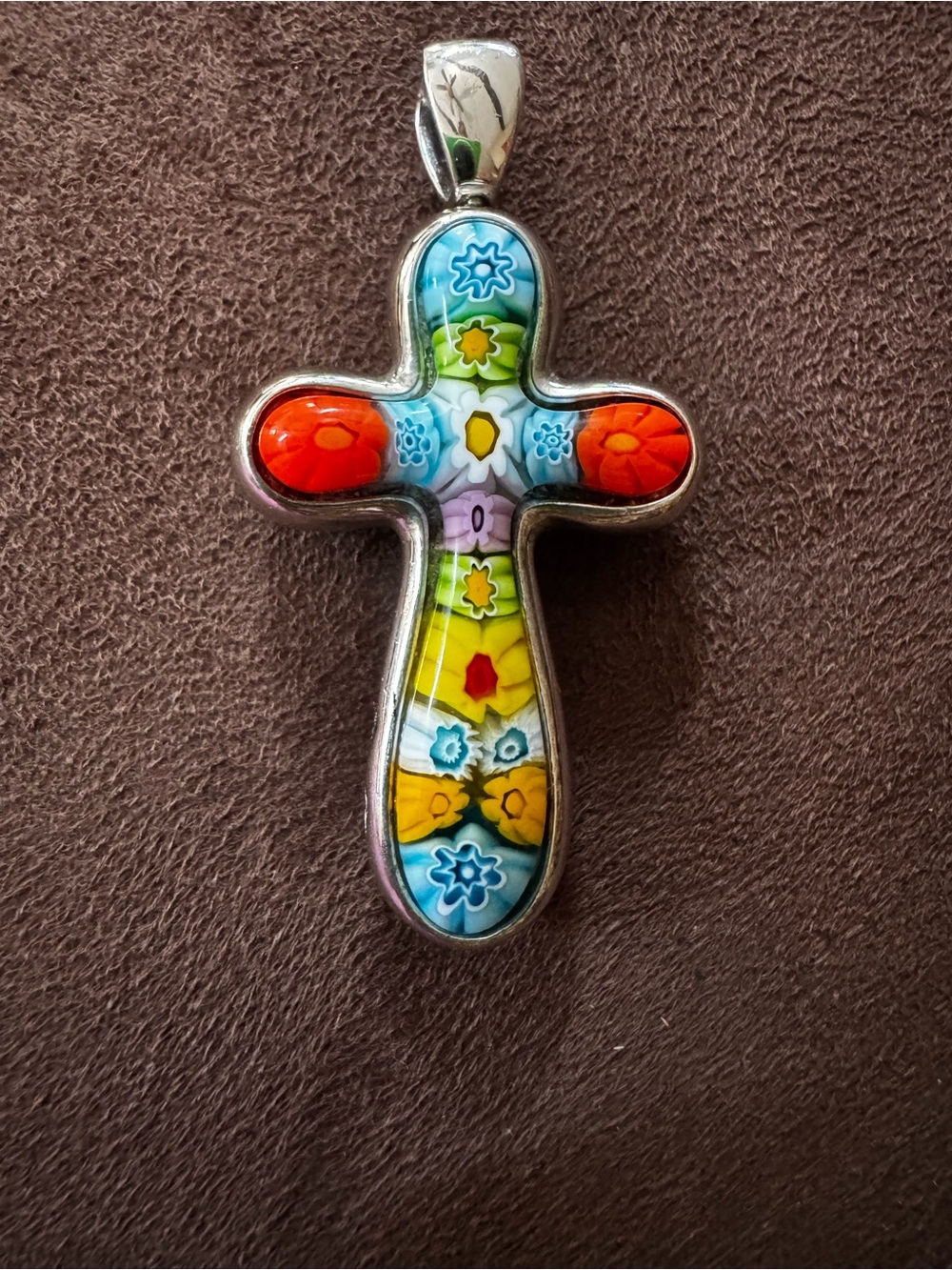 L👀K! Double Sided Alan K Sterling Multicolor Millefiori Glass Cross Pendant